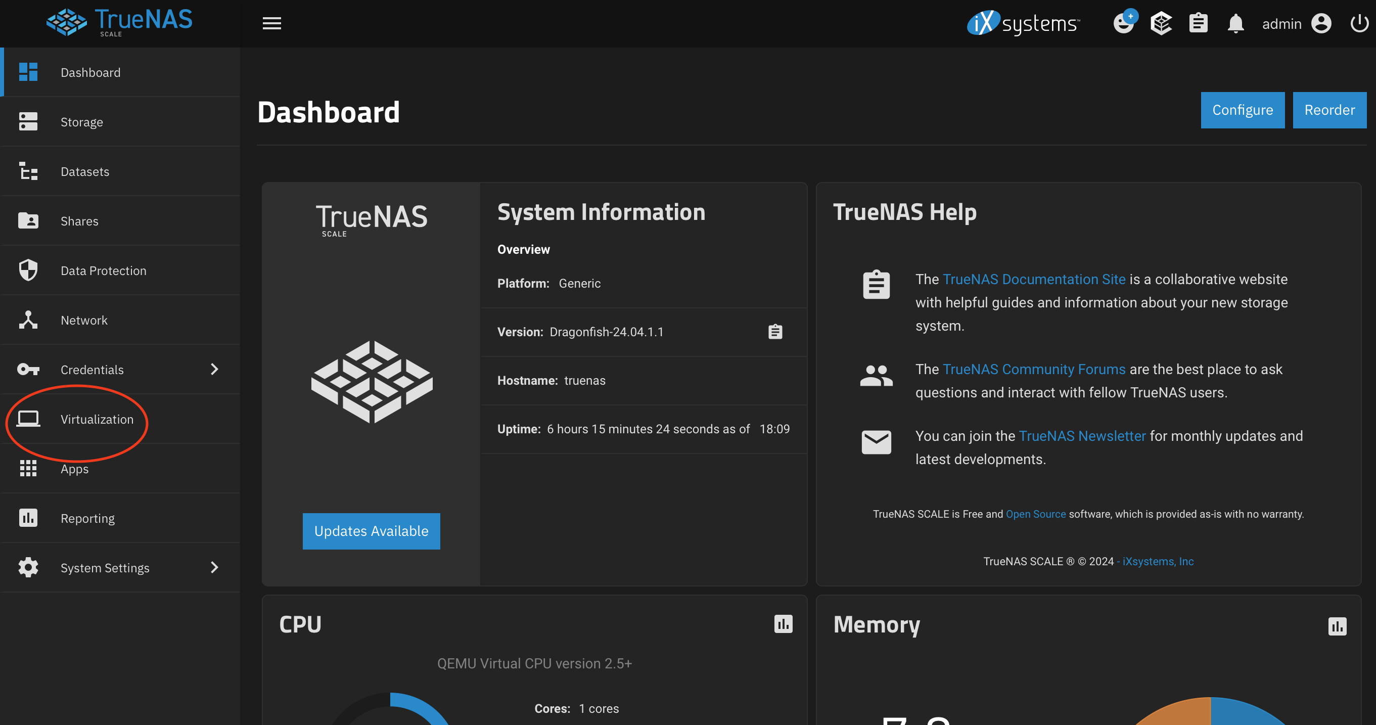 TrueNAS virtualization panel item