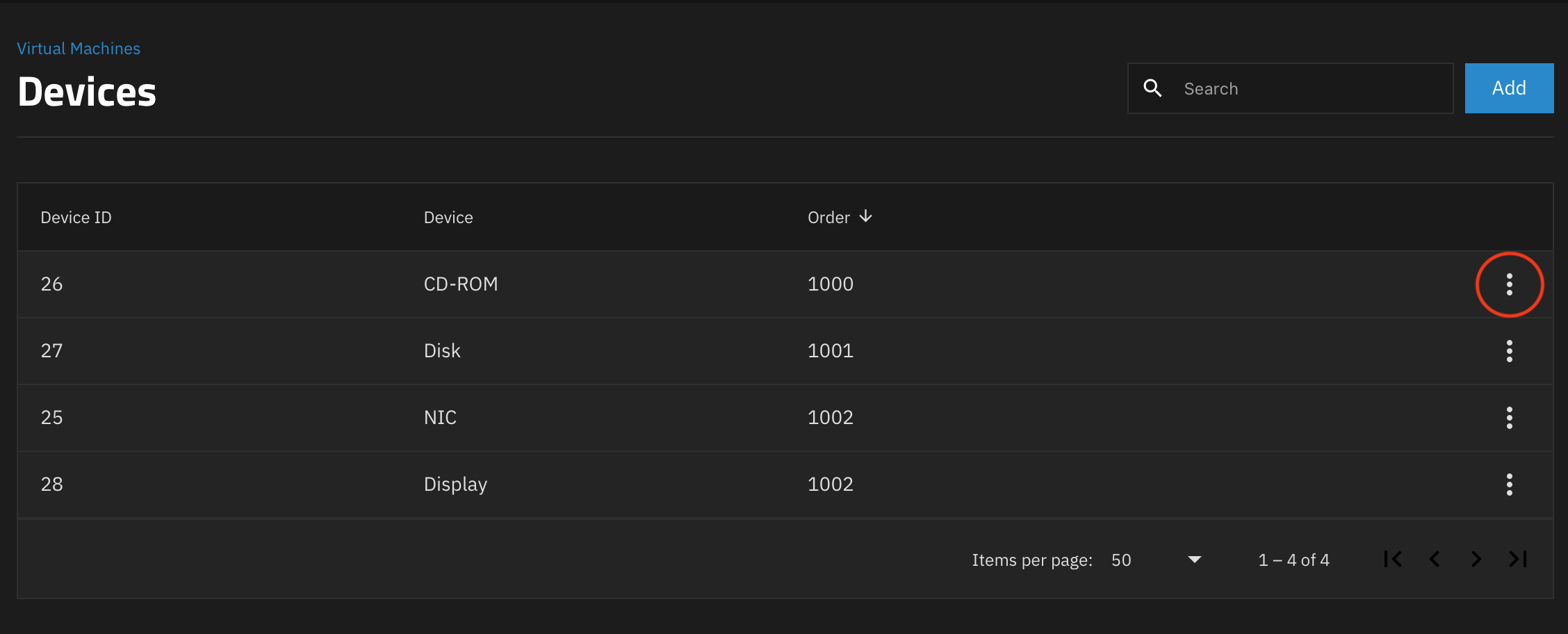 Dashboard showing the virtual devices connected to our virtual machine