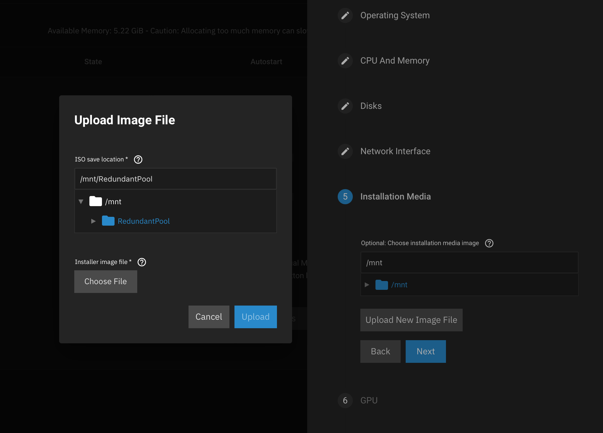 TrueNAS virtualization panel item