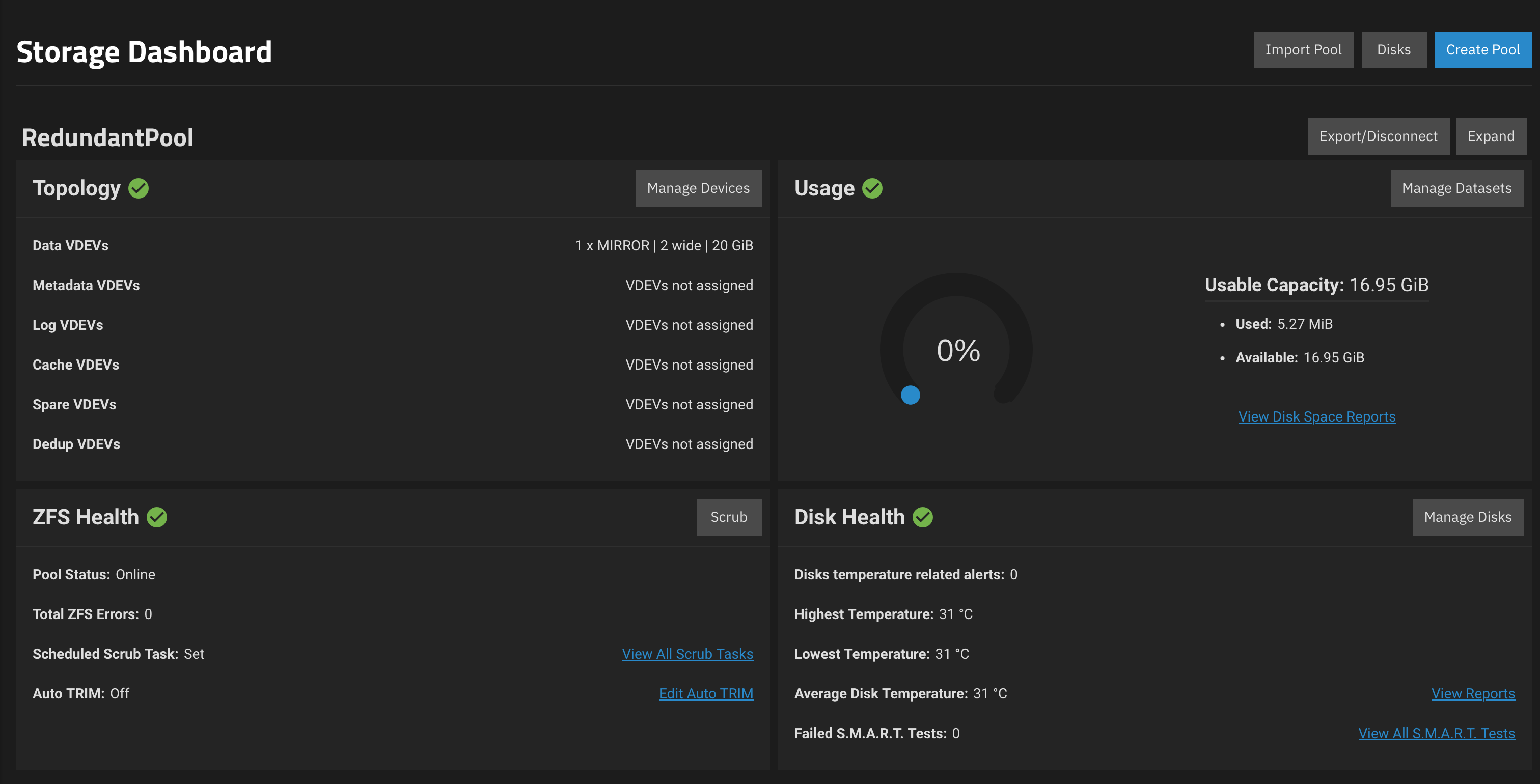 TrueNAS storage dashboard, ignore my capacity im using small virtual disks for this demonstration
