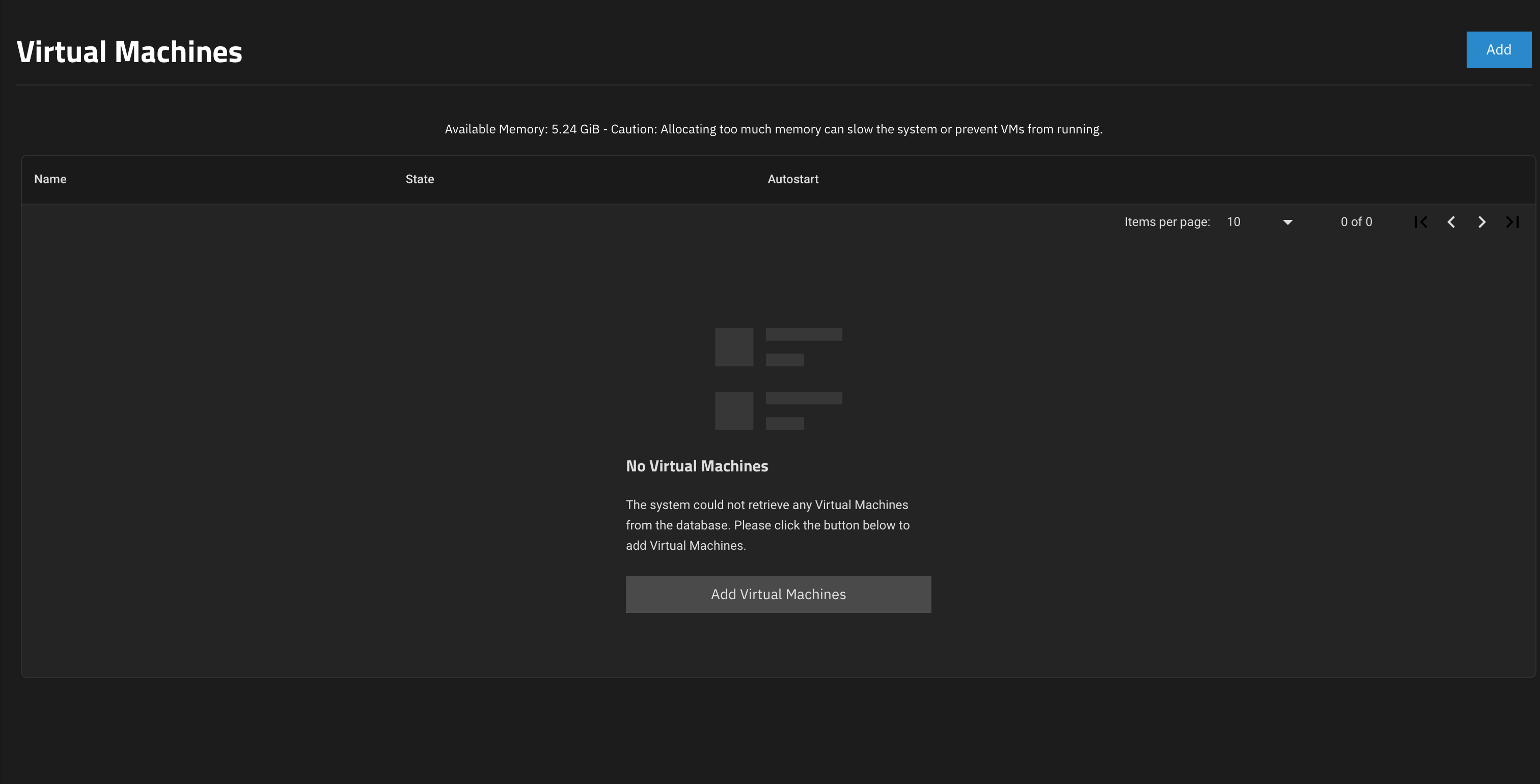 rueNAs virtualization panel main view with no VM's