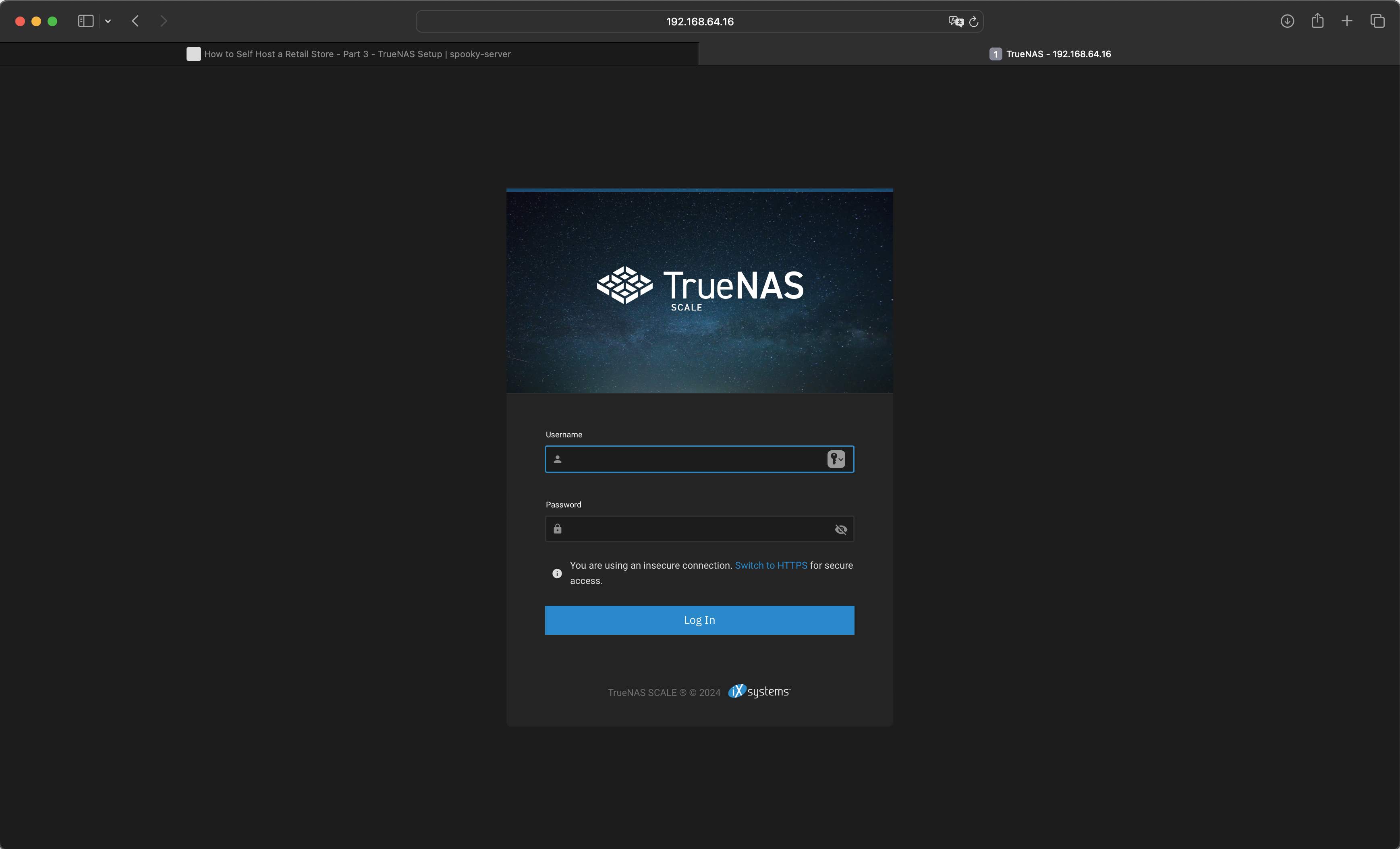 TrueNAS login window