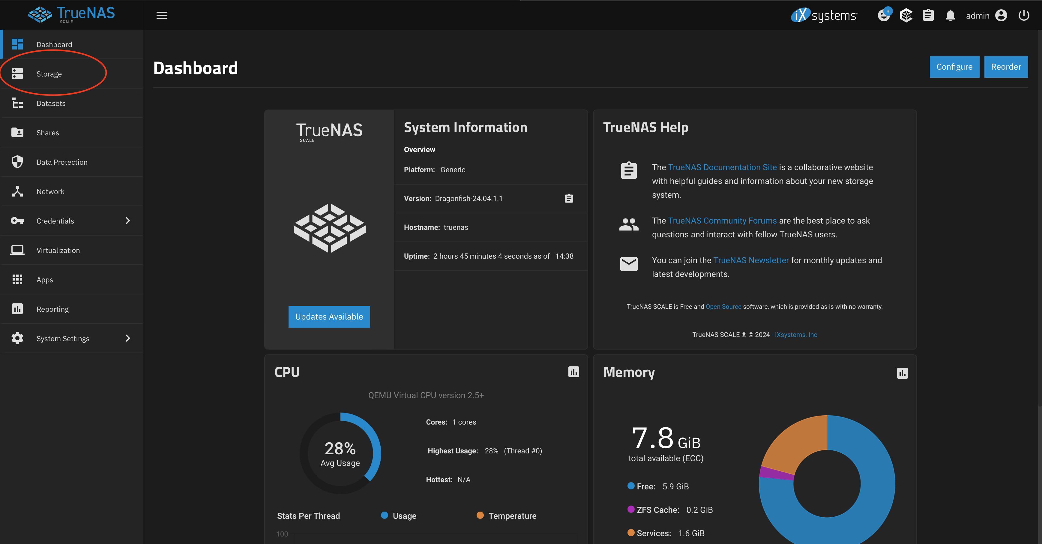 TrueNAS dashboard