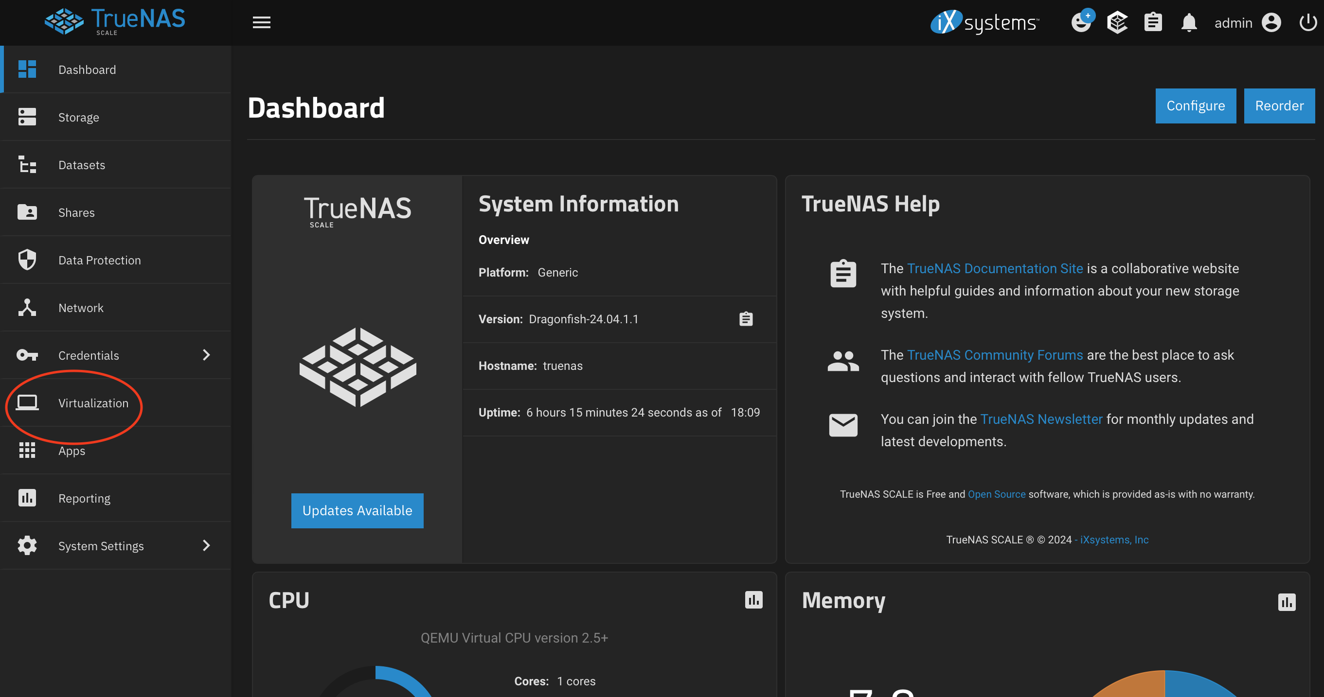 TrueNAS dashboard highlighting virtualization