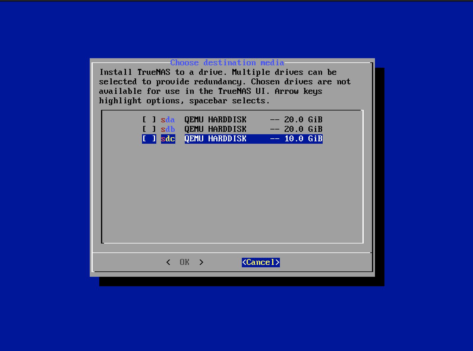 TrueNAS installer disk selection screen