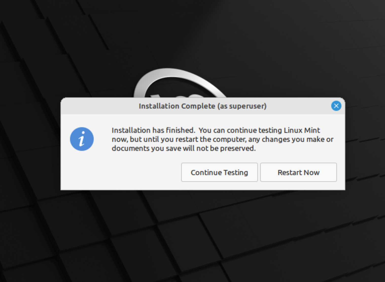 Linux Mint installer complete dialog