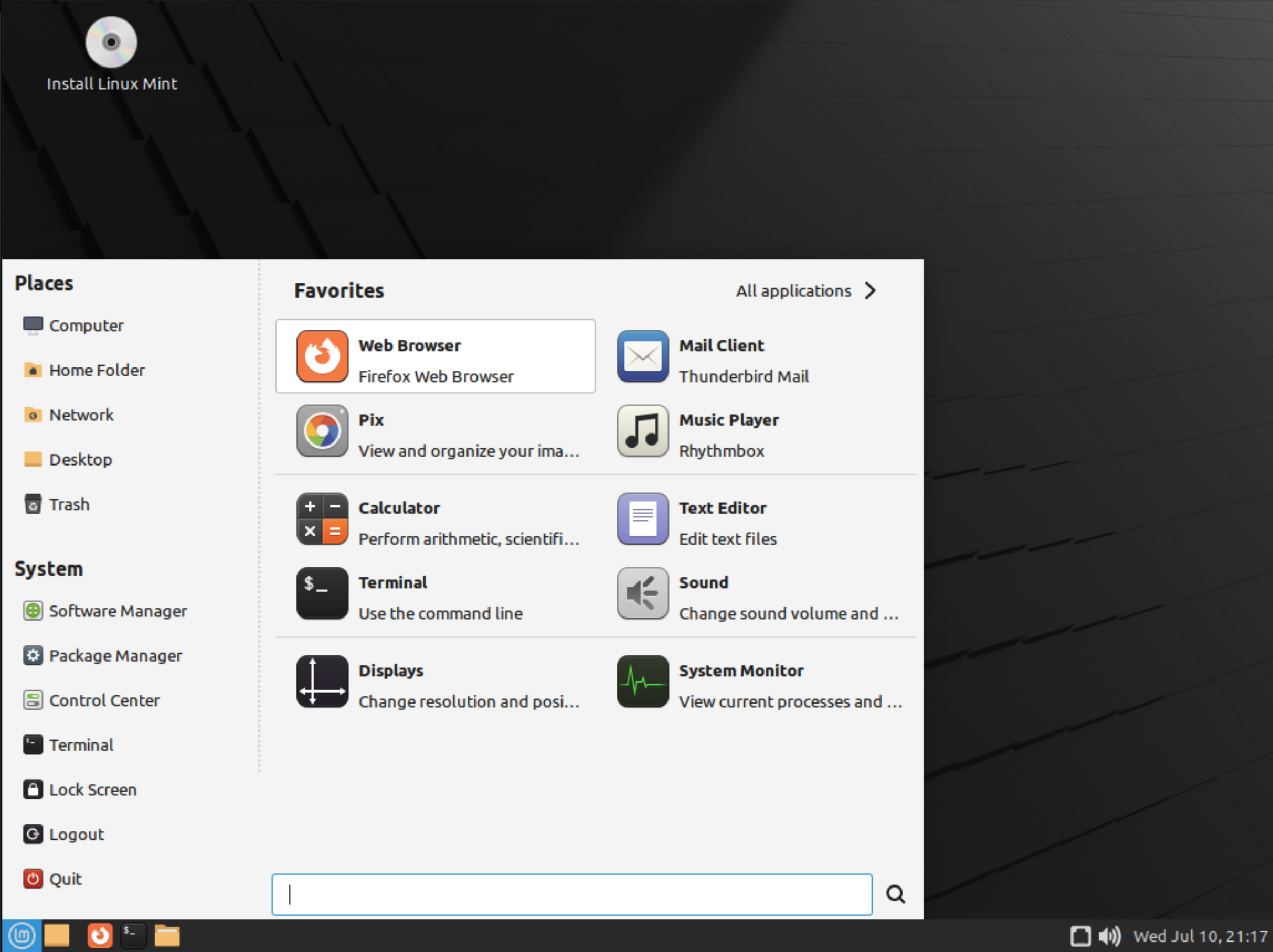 Linux Mint live environment initial desktop