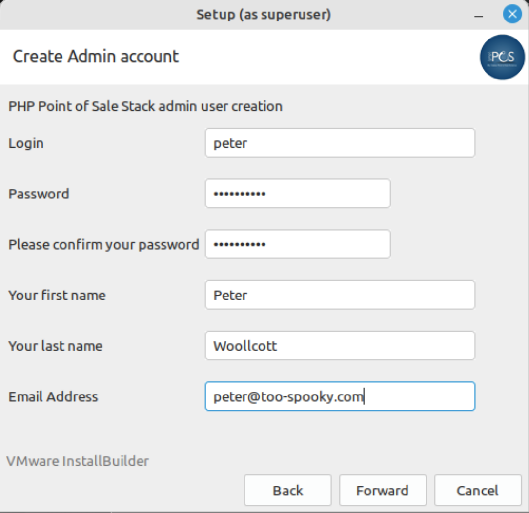 phpPointOfSale installer admin user creation screen