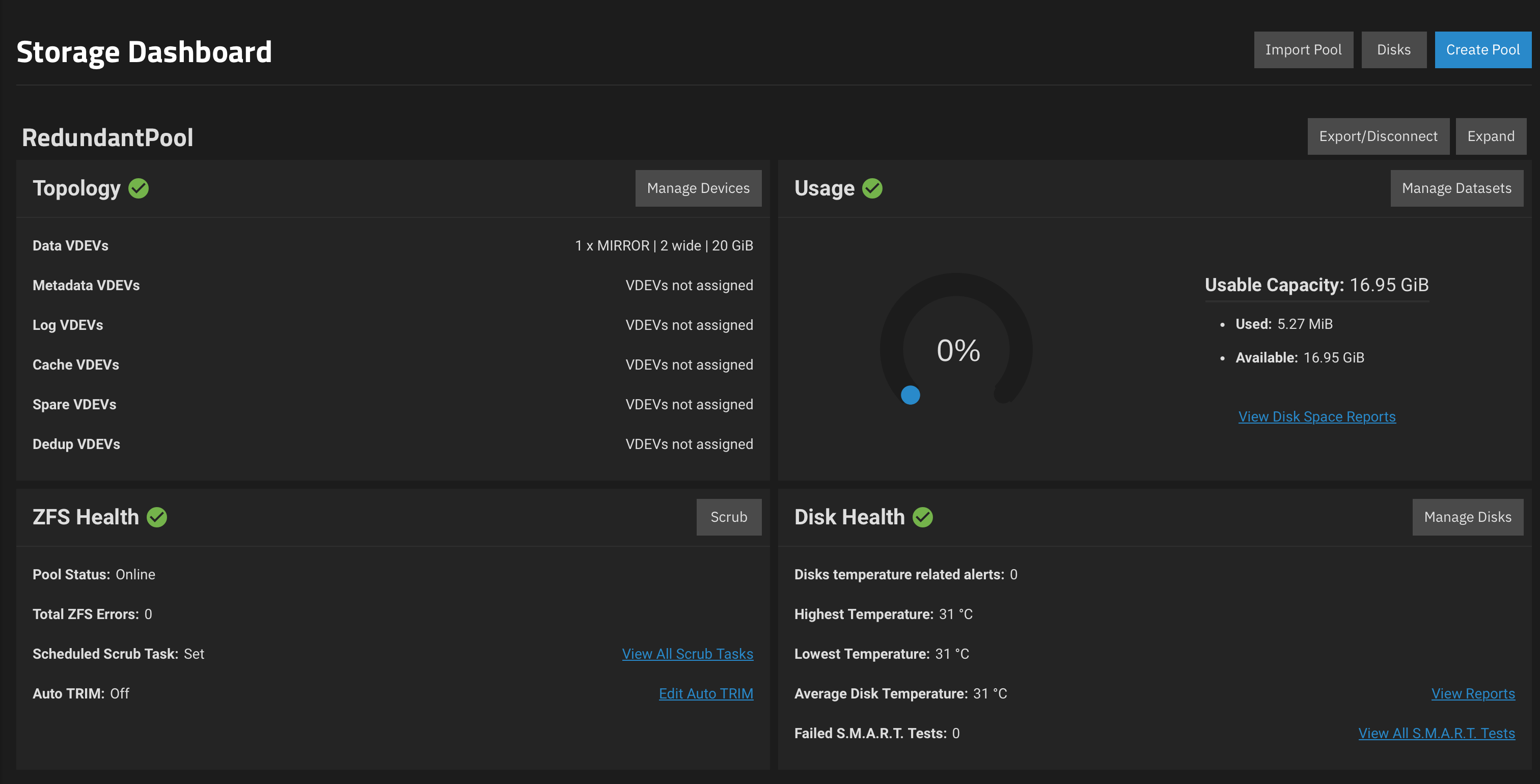 TrueNAS storage dashboard