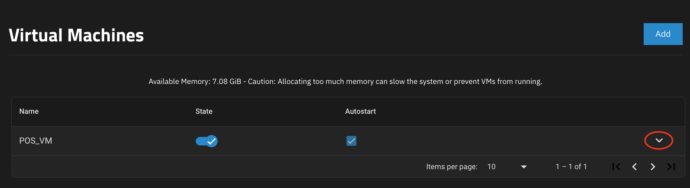 TrueNAS virtualization dashboard with a single vm