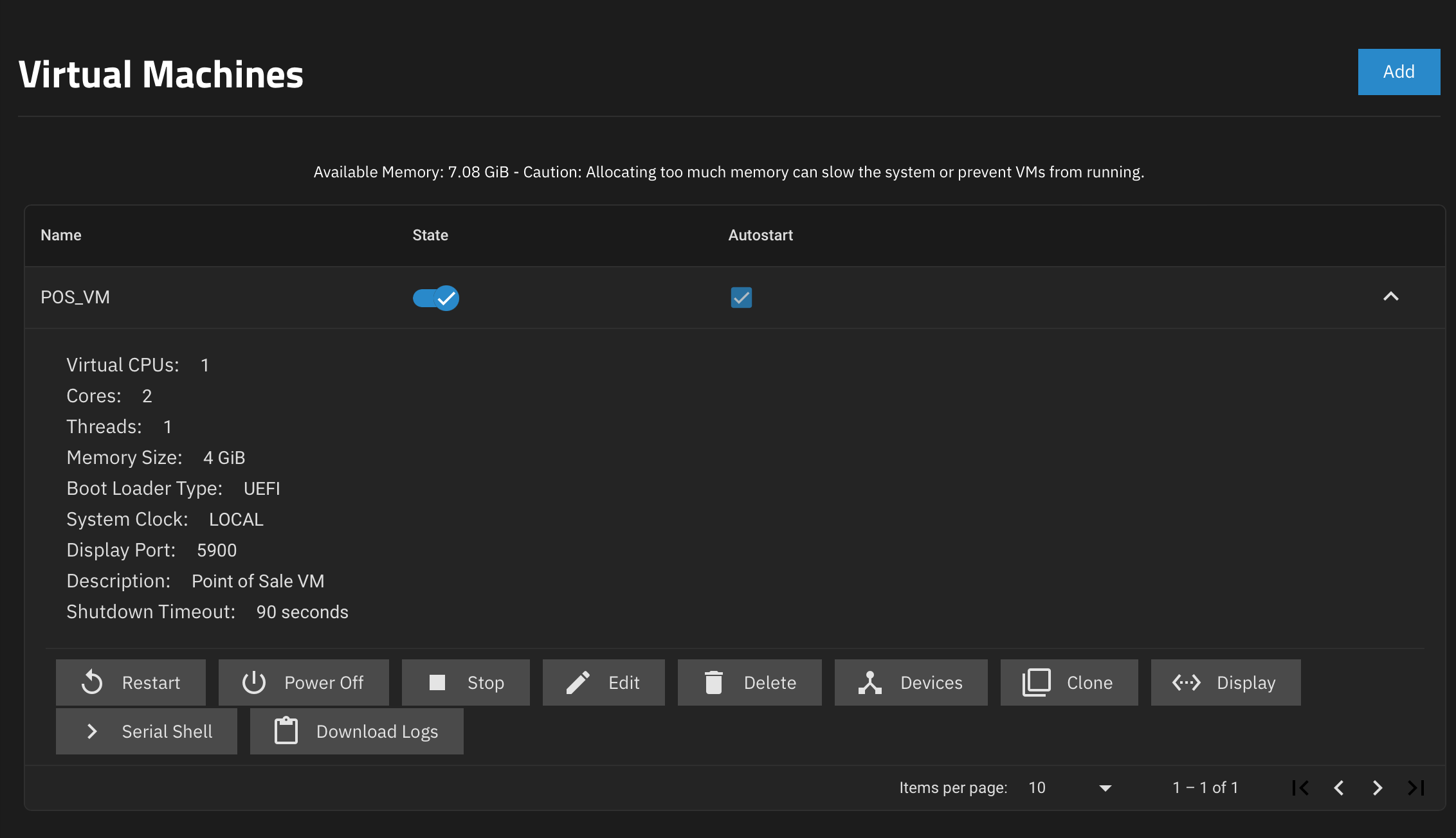 TrueNAS virtualization dashboard with a single vm